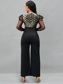 SHEIN Lady Lưới tương phản Tay áo In kẻ sọc Tương phản Sequin Áo nịt ngực Áo liền quần - Nhiều màu - Xem 2