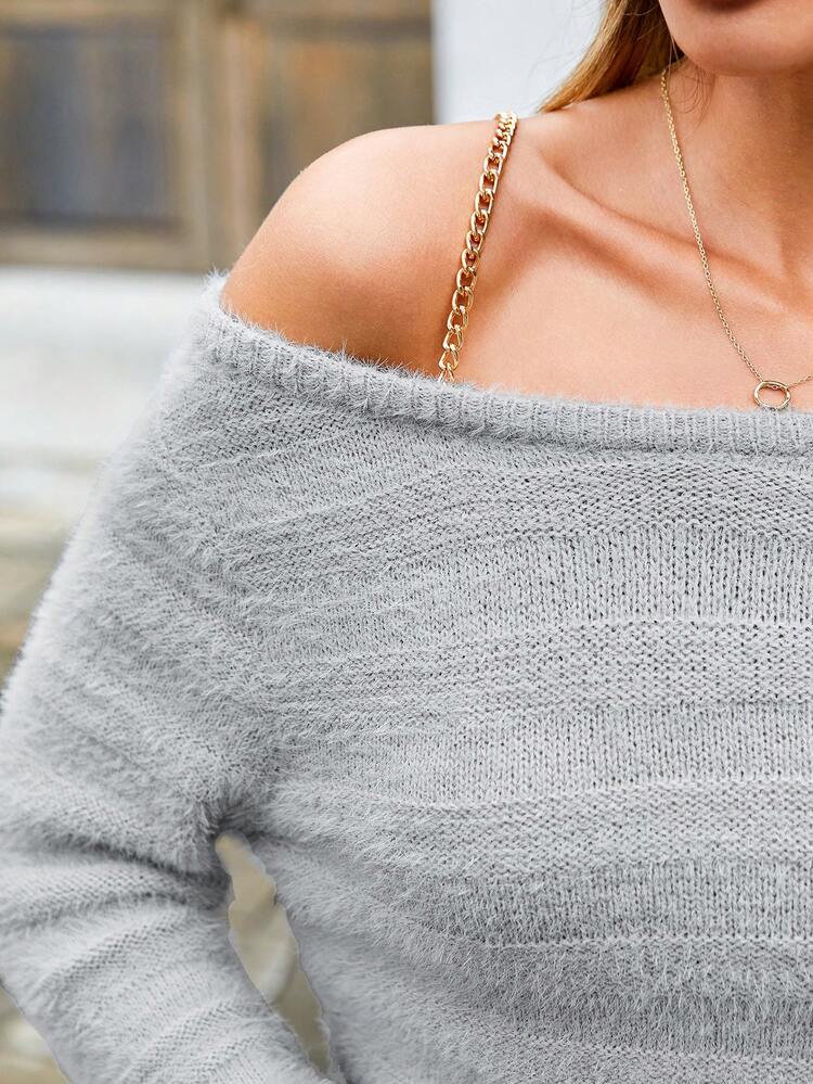 Asymmetrical Shoulder Crop Sweater & Split Thigh Knit Skirt