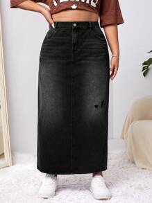 SHEIN ICON Plus Ripped Denim Skirt - Black - View 1