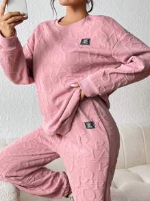 SHEIN 字母贴花运动衫和运动裤 - 珊瑚粉 - 查看 5