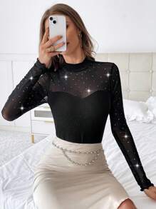 SHEIN Privé Mock Neck Sheer Mesh Insert Top