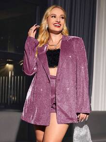 SHEIN Privé Plus Lapel Neck Glitter Blazer - Hot Pink - View 1