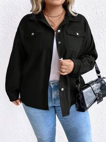 SHEIN LUNE Plus Flap Pocket Drop Shoulder Jacket - Black - View 5