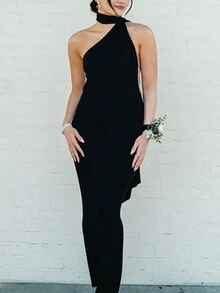 Solid Cut Out Faux Pearl Decor Backless Bodycon Dress - Black - View 3