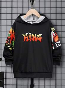 SHEIN Leap Crew 青少年男孩卡通字母印花长袖连帽衫，时尚百搭 - 黑色 - 查看 2