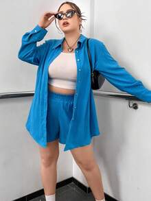 Flirla Plus Solid Button Front Shirt & Shorts - Blue - View 4