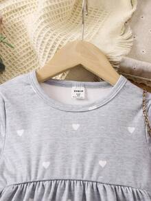 SHEIN Young Girl Heart Print Lettuce Trim Dress - Grey - View 3