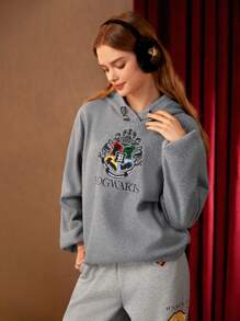 HARRY POTTER X SHEIN Chi tiết thêu Thả vai Dây rút Hoodie - Xám - Xem 3