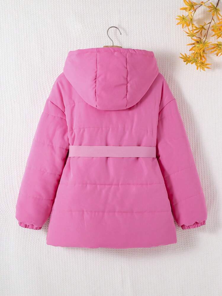 Teen Girl Drop Shoulder Hooded Belted Padded Coat