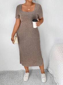 SHEIN Frenchy Plus Square Neck Split Thigh Ribbed Knit Dress - Khaki - View 1