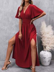EMERY ROSE Butterfly Sleeve Split Thigh Dress Burgundy Maxi Women Outfit - Burgundy - View 3