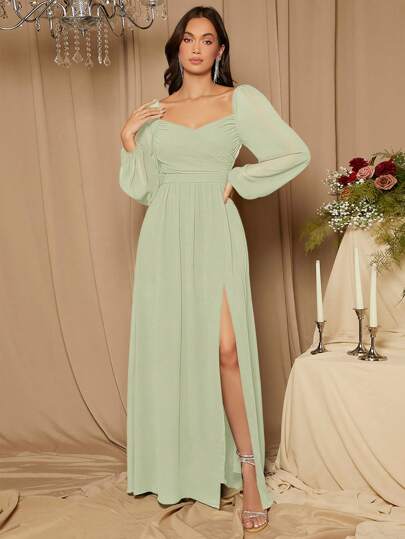 SHEIN Belle Sweetheart Neck Lantern Sleeve Split Thigh Bridesmaid Dress Elegant Long Sleeve Formal Evening Prom Wedding Guest Gown, For Graduation, Dinner Party Dress