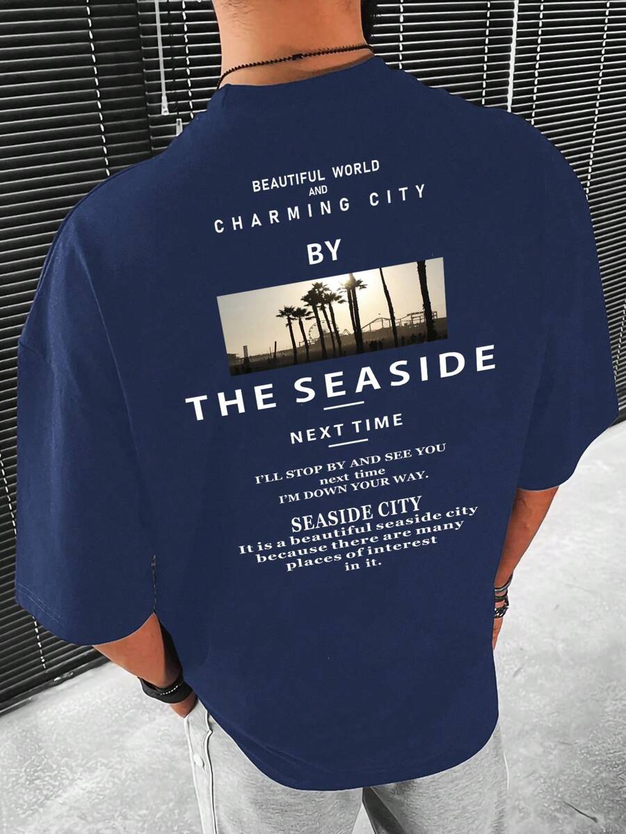 Manfinity LEGND Men Plus Size Loose Fit Slogan Graphic Drop Shoulder T-Shirt - Navy Blue - View 1