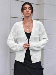 Chiquease 素色落肩袖前紐扣開襟衫 - 白色 - 查看 5