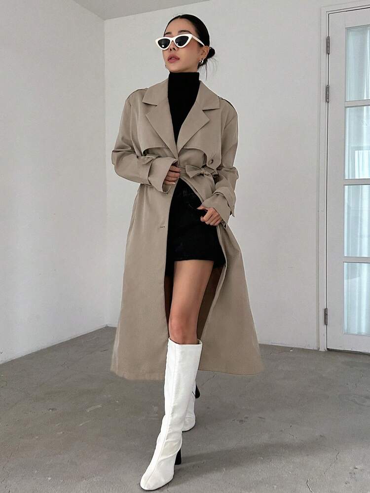 Solid Color Long Trench Coat, Business Casual,Fall Clothes,Back To School Clothes Women Jacket