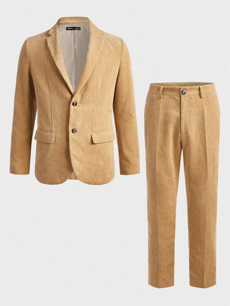 Men Lapel Neck Flap Detail Blazer & Suit Pants