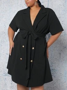 SHEIN CURVE+ Plus Lapel Neck Double Breasted Belted Blazer Dress - Black - View 6