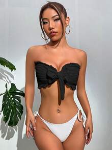 SHEIN 打褶褶邊前打結抹胸比基尼上衣