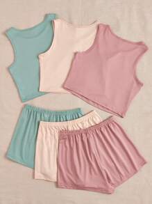 3 件纯色背心和 3 件短裤休闲套装 - 彩色 - 查看 2