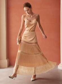 MOTF PREMIUM Polyester Mảnh Lace Xếp li Váy liền áo Không có thắt lưng - Màu Hồng San hô - Xem 7