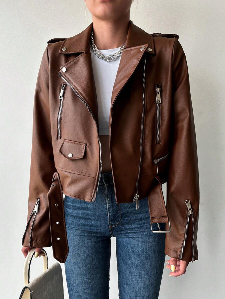 RueChic Zip Up Belted Moto Jacket - Brown - View 1