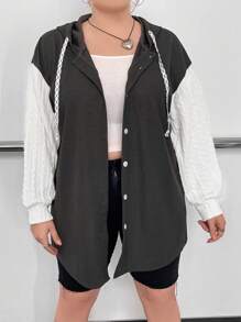 Flirla Plus Colorblock Drop Shoulder Drawstring Hooded Coat - Multicolor - View 3