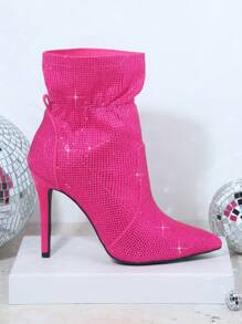 SHUZIA Rhinestone Decor Point Toe Stiletto Heeled Boots
