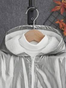 SHEIN 男小童拉鏈開襟連帽毛絨內襯金屬質感外套無毛衣 - 白色 - 查看 4