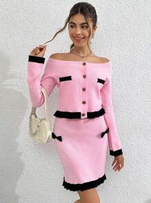 SHEIN Qutie Contrast Trim Off Shoulder Cardigan & Knit Skirt - Pink - View 3