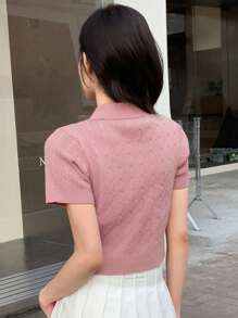 DAZY 刺繡細節Polo領麻花編織上衣 - 粉色 - 查看 2