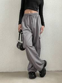 SHEIN Unity Flap Pocket Side Drawstring Waist Cargo Pants Fall Cloth For Women - Grey - View 5
