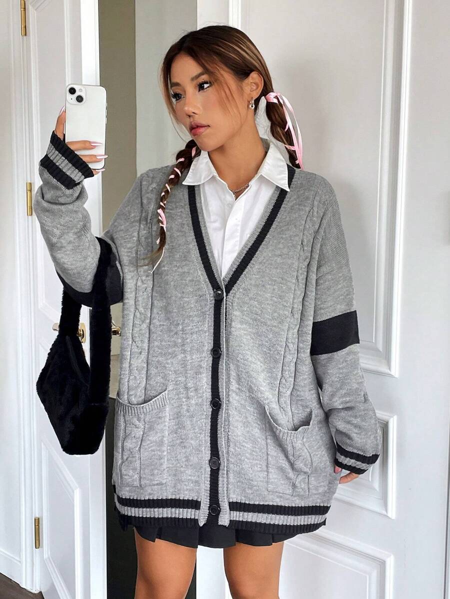 SHEIN Qutie Sọc trang trí Túi Kép Thả vai Xoắn Dan Tương phản ràng buộc Áo len Mở - Xám - Xem 1