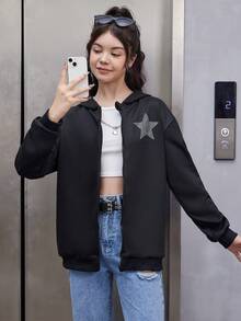 Áo nỉ kéo khóa có họa tiết ngôi sao dành cho thiếu nữ - màu đen - Xem 6