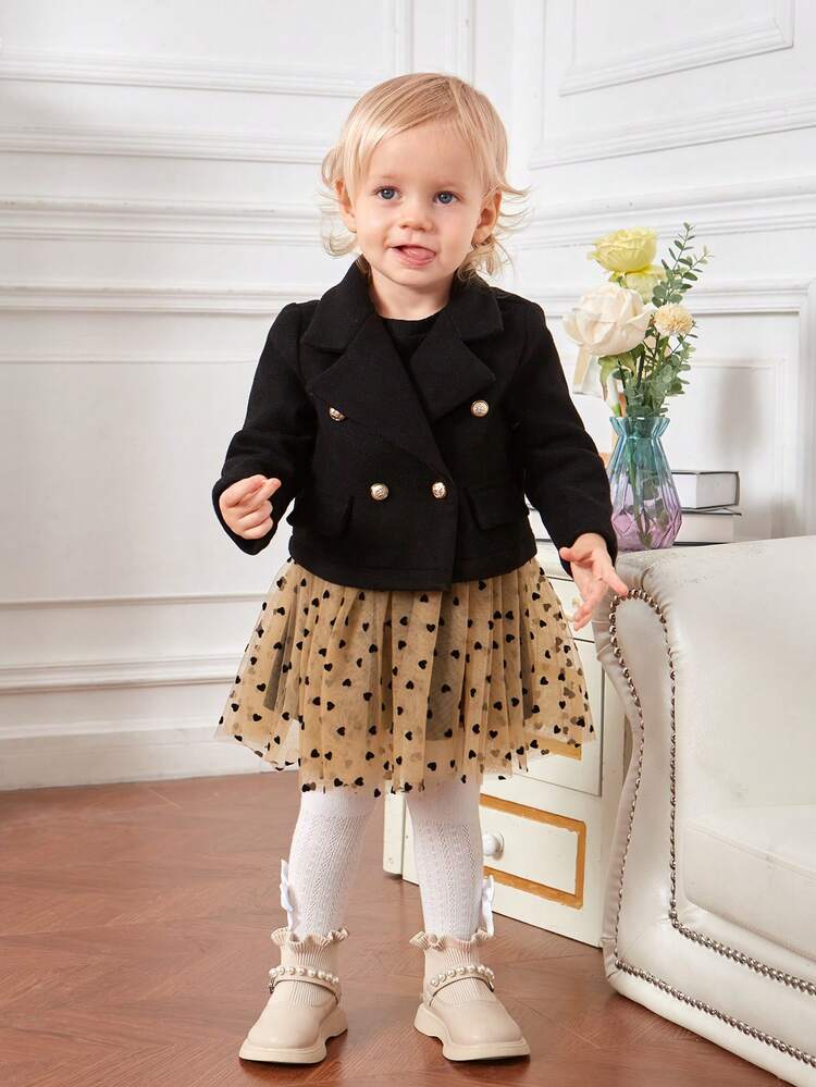 Baby Girl Double Breasted Jacket & Polka Dot Mesh Overlay Skirt