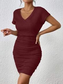SHEIN Frenchy Figurbetontes Kleid mit Einfarbig geraffter Seite, - Rostige Rose - Übersicht 3