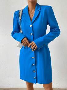 Chiquease Lapel Neck Button Front Shirt Dress - Blue - View 1