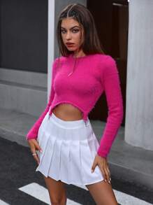 SHEIN Unity Suéter de punto esponjoso corto de un solo color para otoño e invierno - Rosa Fucsia - Ver 4