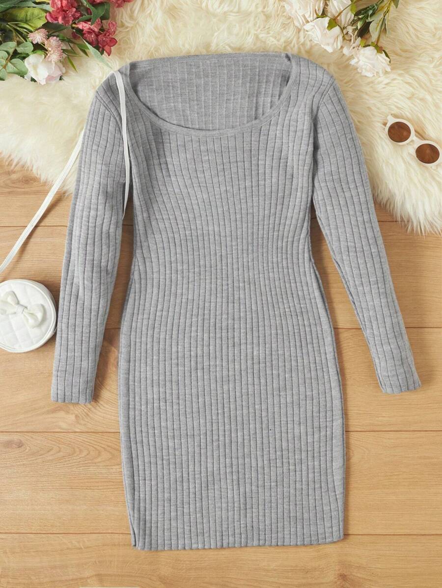 RueChic Tween Girl Scoop Neck Ribbed Knit Sweater Dress - Grey - View 1