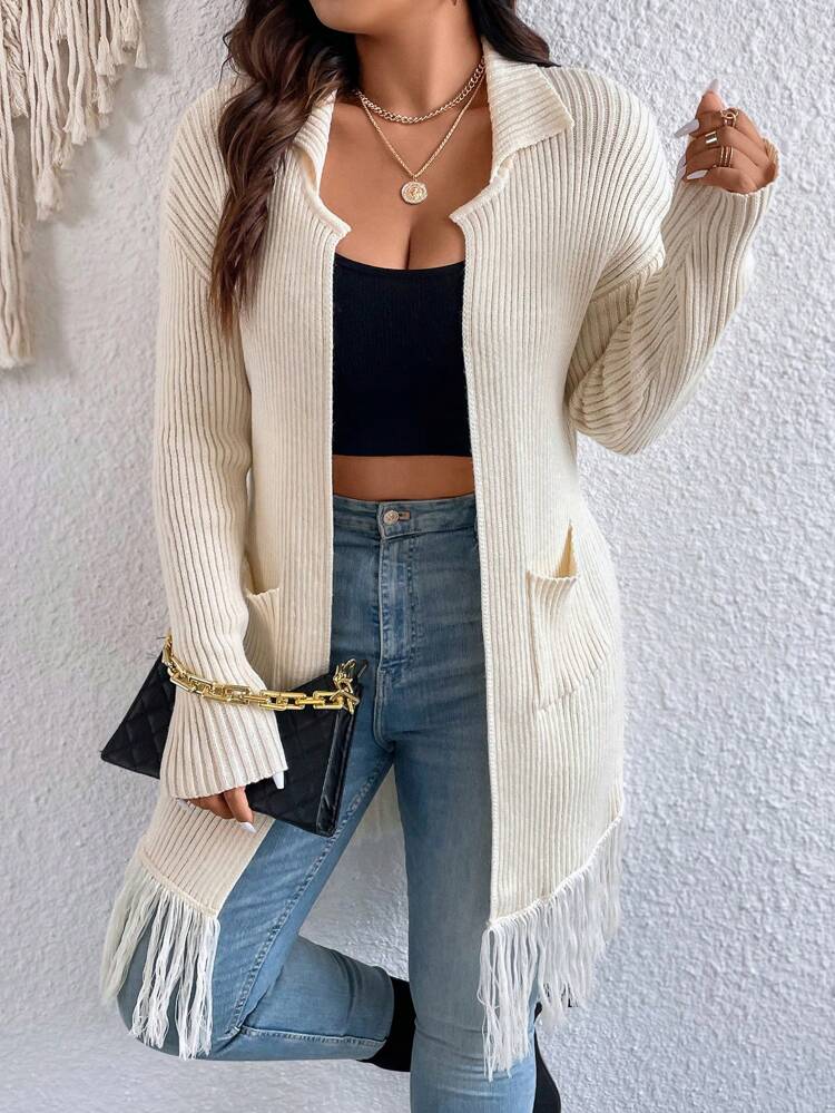 Plus Fringe Trim Dual Pocket Drop Shoulder Duster Cardigan Fall Cloth For Women