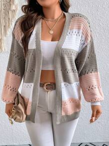 Calvaya Plus Color Block Drop Shoulder Pointelle Knit Duster Cardigan