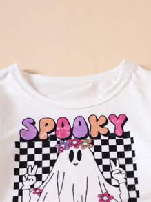 Cô Gái Trẻ Lá thư & Bản in Halloween Áo thun & Quần ống loe - trắng - Xem 3