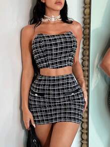 SHEIN SXY Plaid Print Tube Top & Bodycon Skirt - Black - View 8