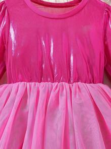 SHEIN 年輕女孩優雅閃亮薄紗泡泡長袖連身裙，適合秋季節日、派對、生日、表演 - 玫紅色 - 查看 5