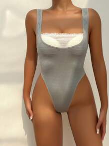 Women's Casual Comfy Grey Plain Square Neck Thong Bodysuit Slight Stretch Fabric - Grey - View 6