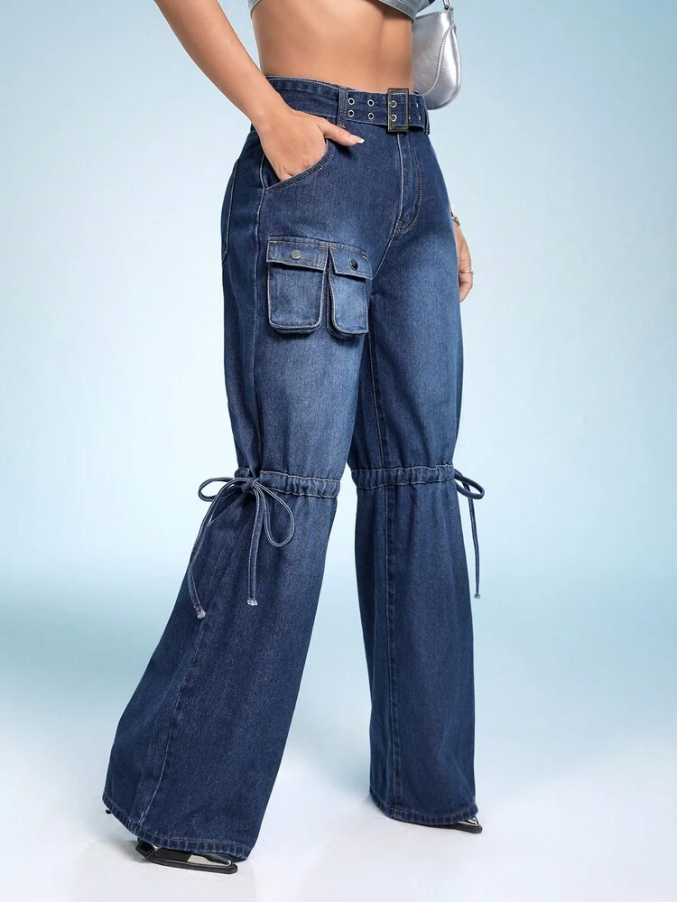 Flap Pocket Belted Wide Leg Jeans