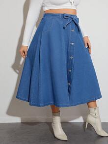 SHEIN Privé Plus High Waist Button Front Belted Denim Skirt - Blue - View 5