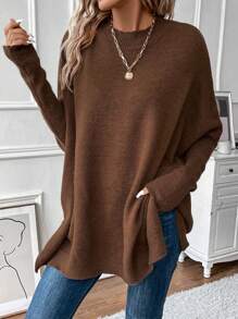 SHEIN Clasi 蝙蝠袖开衩下摆蝙蝠袖针织套头衫秋冬毛衣 - 棕色 - 查看 4