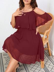 SHEIN Clasi 大碼挖肩荷葉邊洋裝 - 酒紅色 - 查看 5