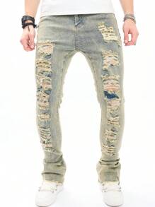 Chillumni Men Ripped Frayed Skinny Jeans - Blue - View 5