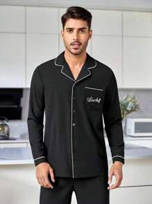 Men Letter Graphic Contrast Piping PJ Set / Pajama Set - Black - View 4
